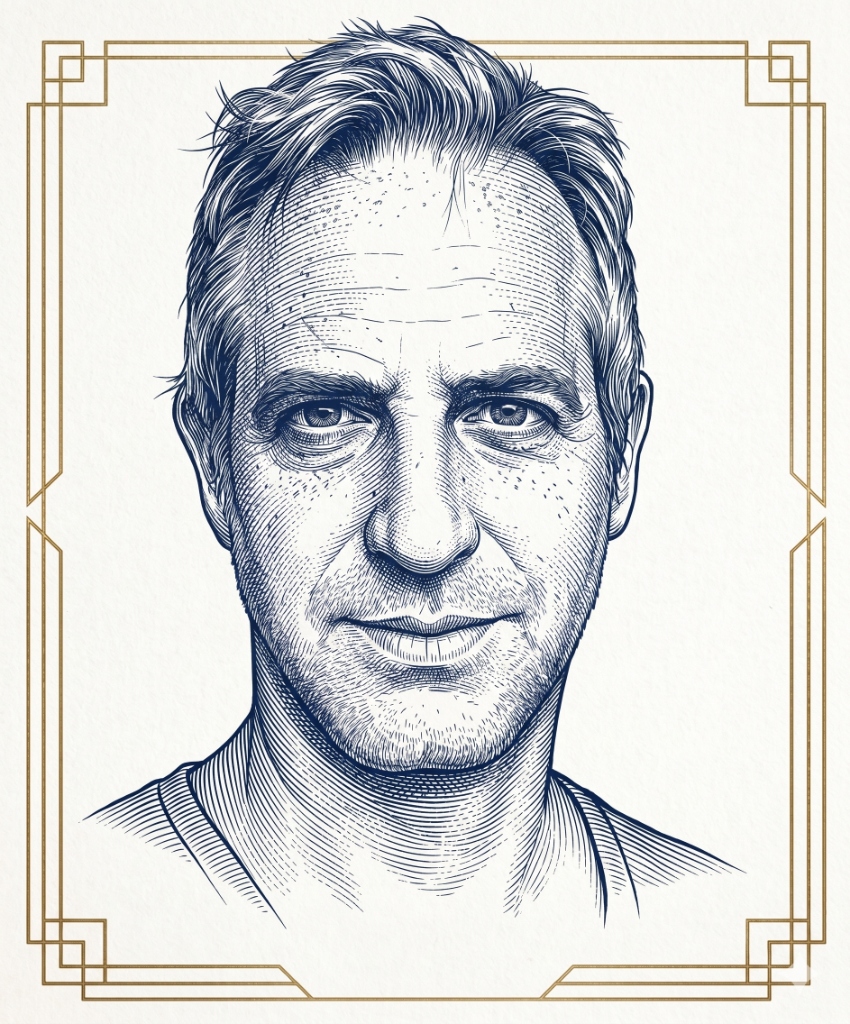 Etched-style portrait of J. Benjamin Marcélis