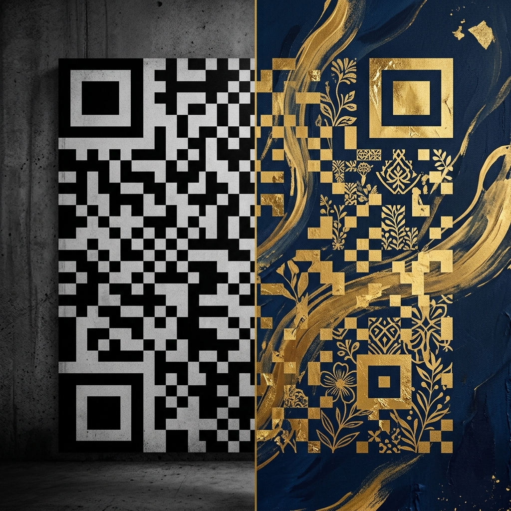 The QR code duality — raw matrix on the left, curated art on the right