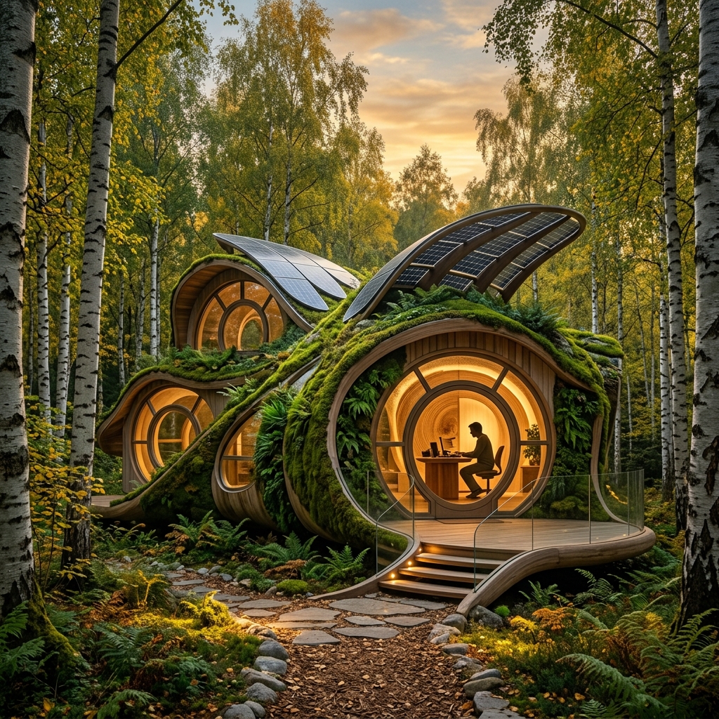 Organic biomimetic studio nestled in an Estonian birch forest — the SublAim world