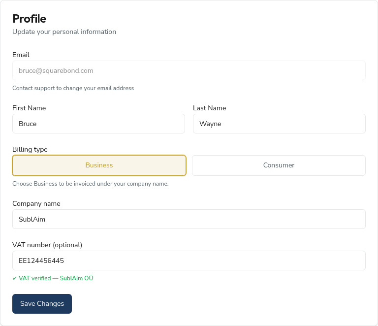 Profile form with verified business VAT
