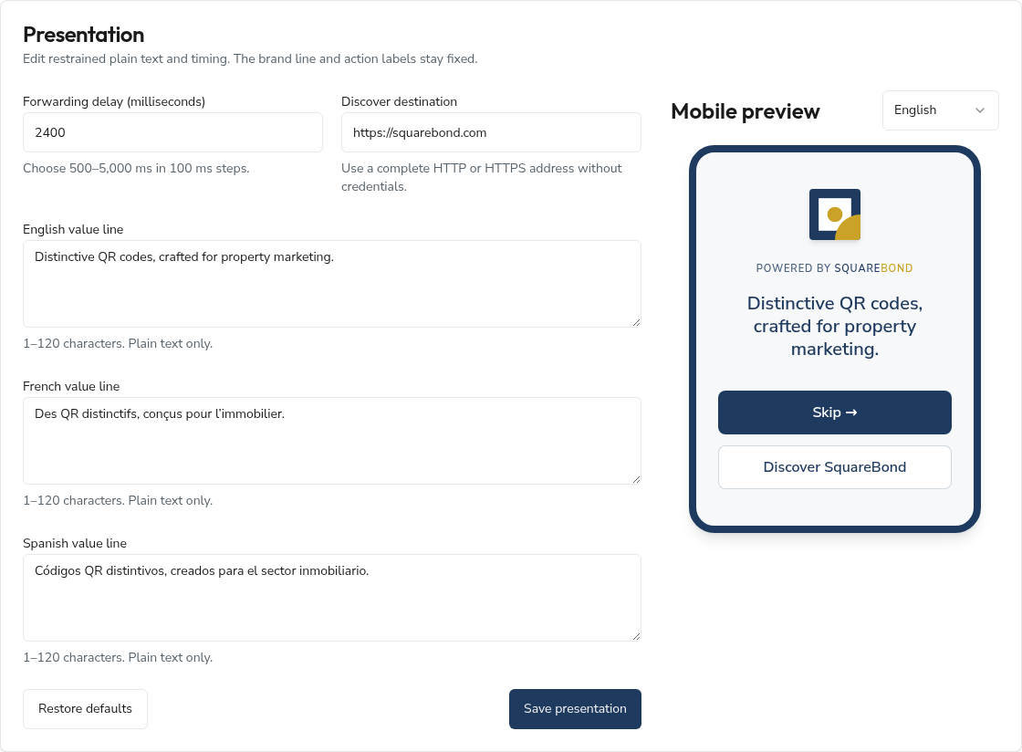 Presentation fields and mobile preview